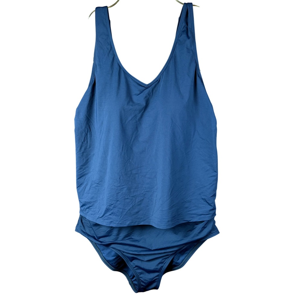 Lands' End Women's L LONG Deep Sea Navy‎ V Neck One Piece Fauxkini Swimsuit